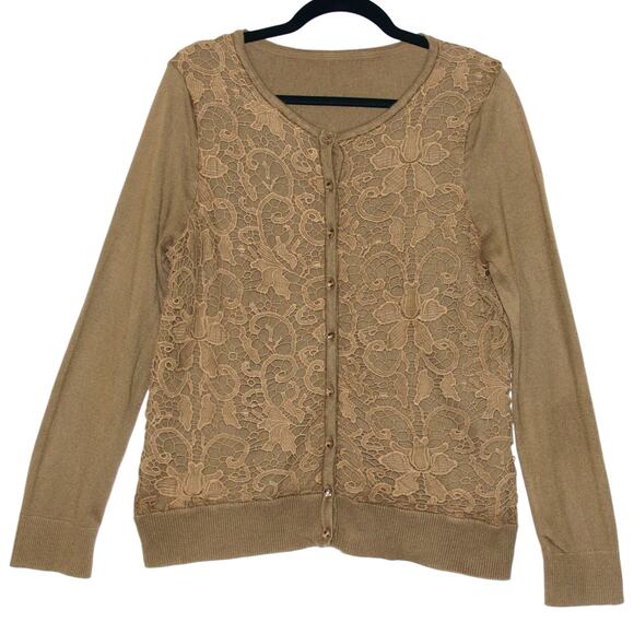 Army Green Lace Cropped Cardigan Sweater Size Large - Picture 2 of 4